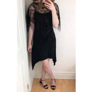 Stunning Vintage Lace Fringe Dark Midi Dress S/M